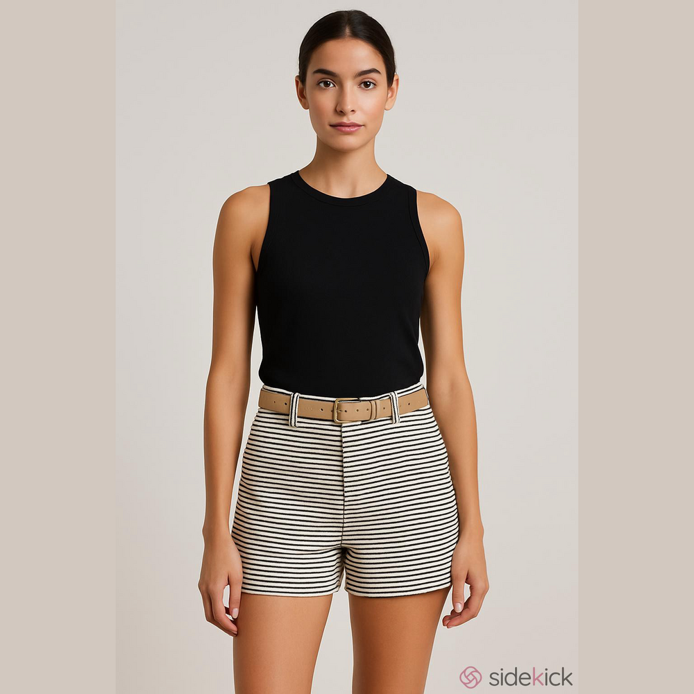 Saint Tropez West Midnight Blue & Cream Tweed Horizontally-Striped Shorts-Size 6